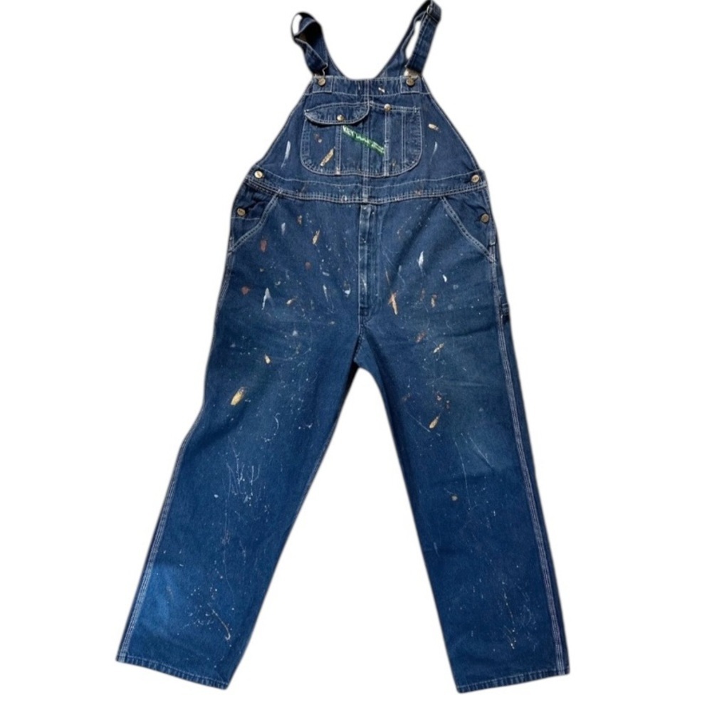 Key Imperial Men's Vintage 90’s Blue Denim Splatter Bib Overalls Size 42x30”